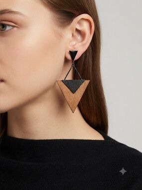 Geometric Wood & Black Triangle Drop Earrings – Boho Statement